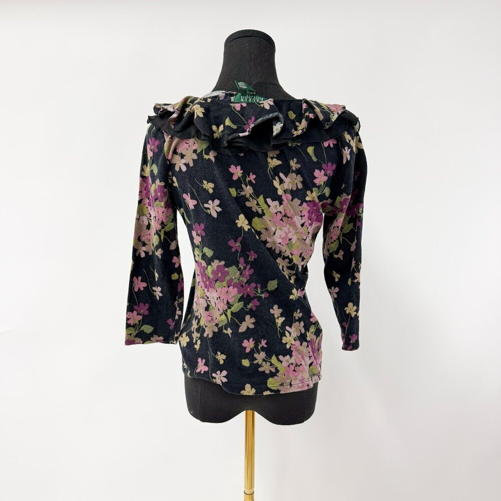 RALPH LAUREN RUFFLE TOP BLACK AND FLROAL PRINT - Picture 6 of 7